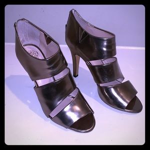 Vince Camuto 4” high strappy pewter/bronze heels
